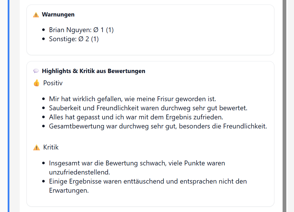 Sonstige: Bewertungskarte mit Warnungen-Bereich