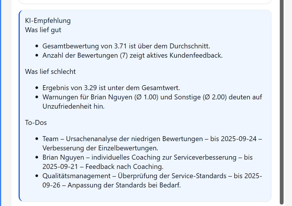 Highlights & Kritik aus Bewertungen sowie KI-Empfehlung mit To-Dos